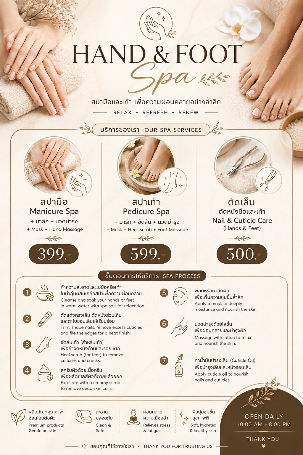 Hand and foot spa menu — Manicure spa, pedicure spa, and nail care services with prices